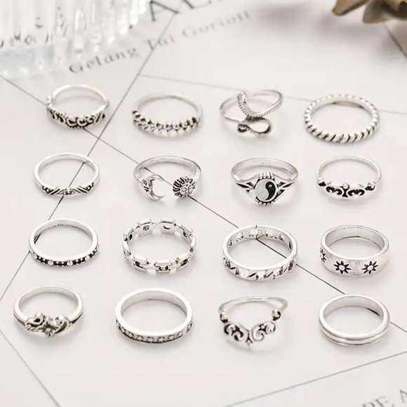 Finger Rings 16pc Set Silver Boho Hippie Snake Sun Moon Tai Chi Ying Stackable - Picture 3 of 4